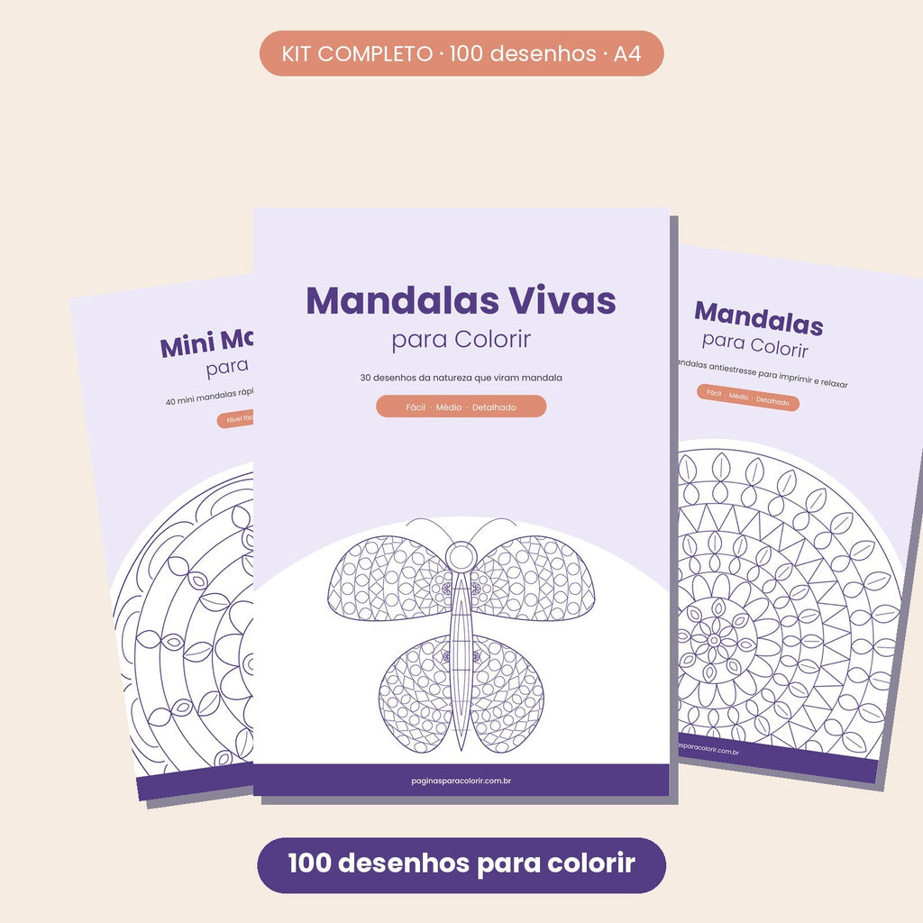 Kit de mandalas para colorir: 3 livros em 1 PDF com 100 desenhos para imprimir