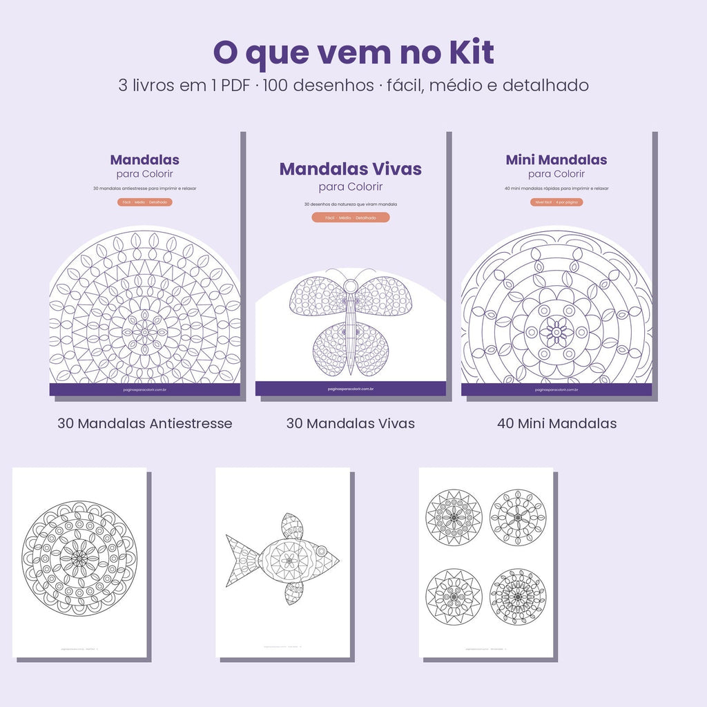 O que vem no kit de mandalas para colorir: 3 livros em níveis fácil, médio e detalhado