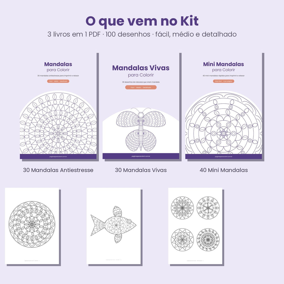 O que vem no kit de mandalas para colorir: 3 livros em níveis fácil, médio e detalhado