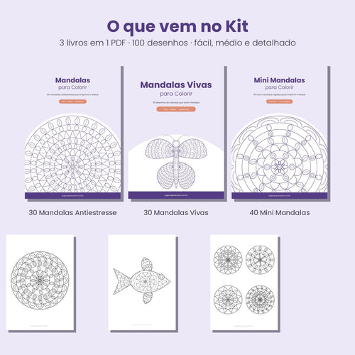 O que vem no kit de mandalas para colorir: 3 livros em níveis fácil, médio e detalhado