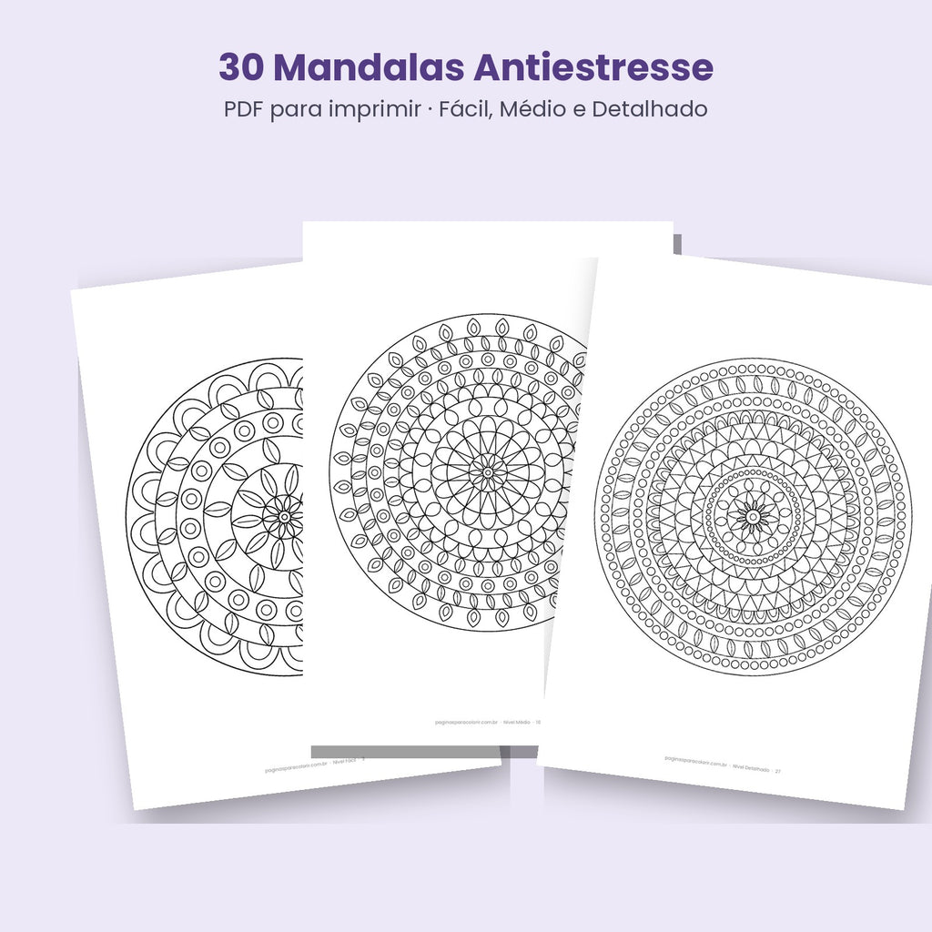 Páginas de mandalas para colorir nos níveis fácil, médio e detalhado