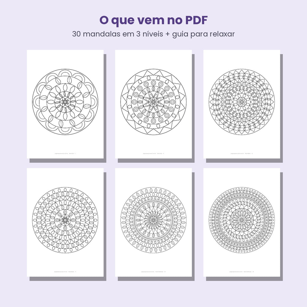 Conteúdo do PDF com 30 mandalas para colorir em A4