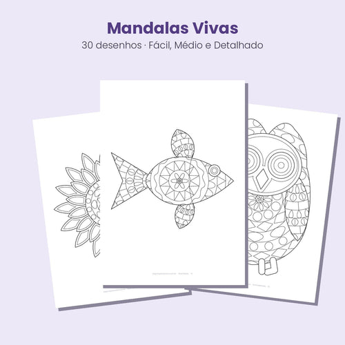 Páginas de mandalas vivas para colorir nos níveis fácil, médio e detalhado