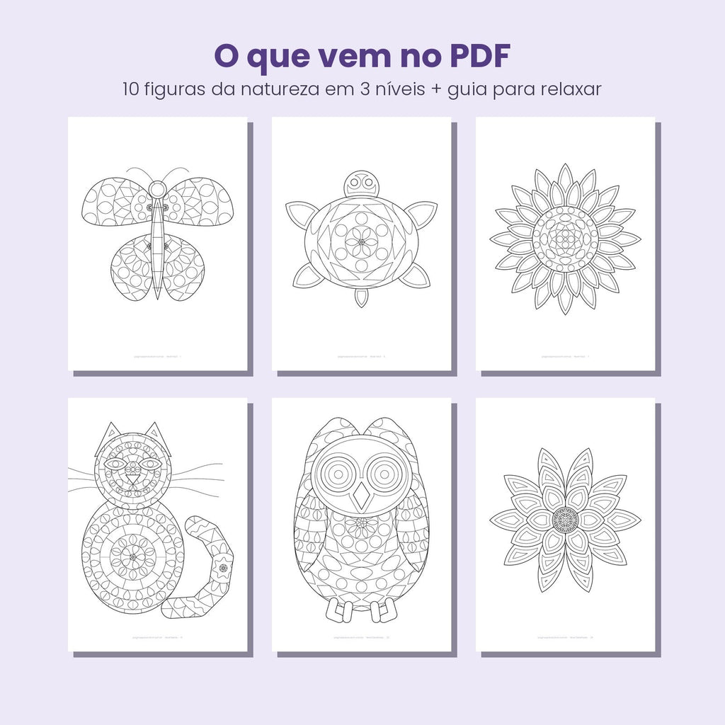 Conteúdo do PDF de mandalas vivas: 10 figuras da natureza em 3 níveis