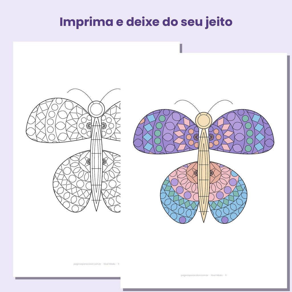 Mandala viva de borboleta para colorir antes e depois de pintada