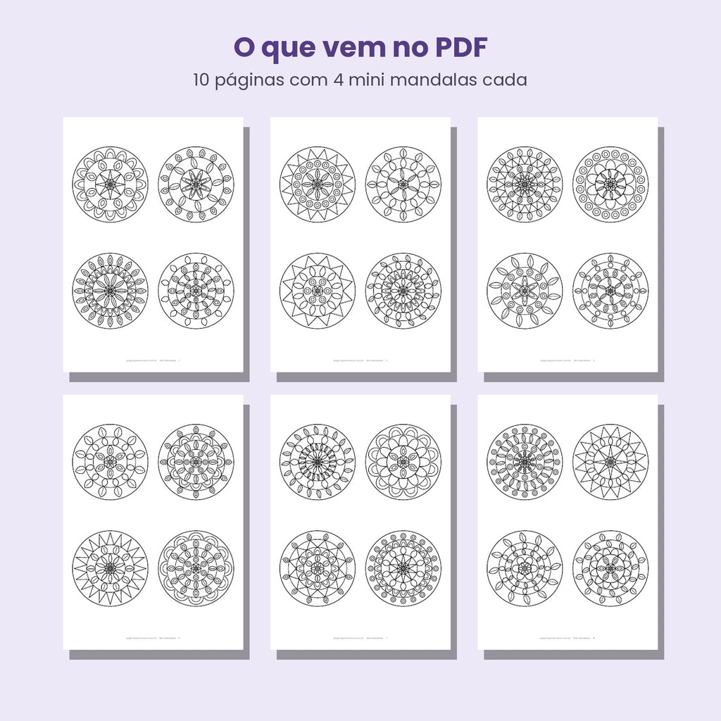 Conteúdo do PDF com 40 mini mandalas fáceis para colorir