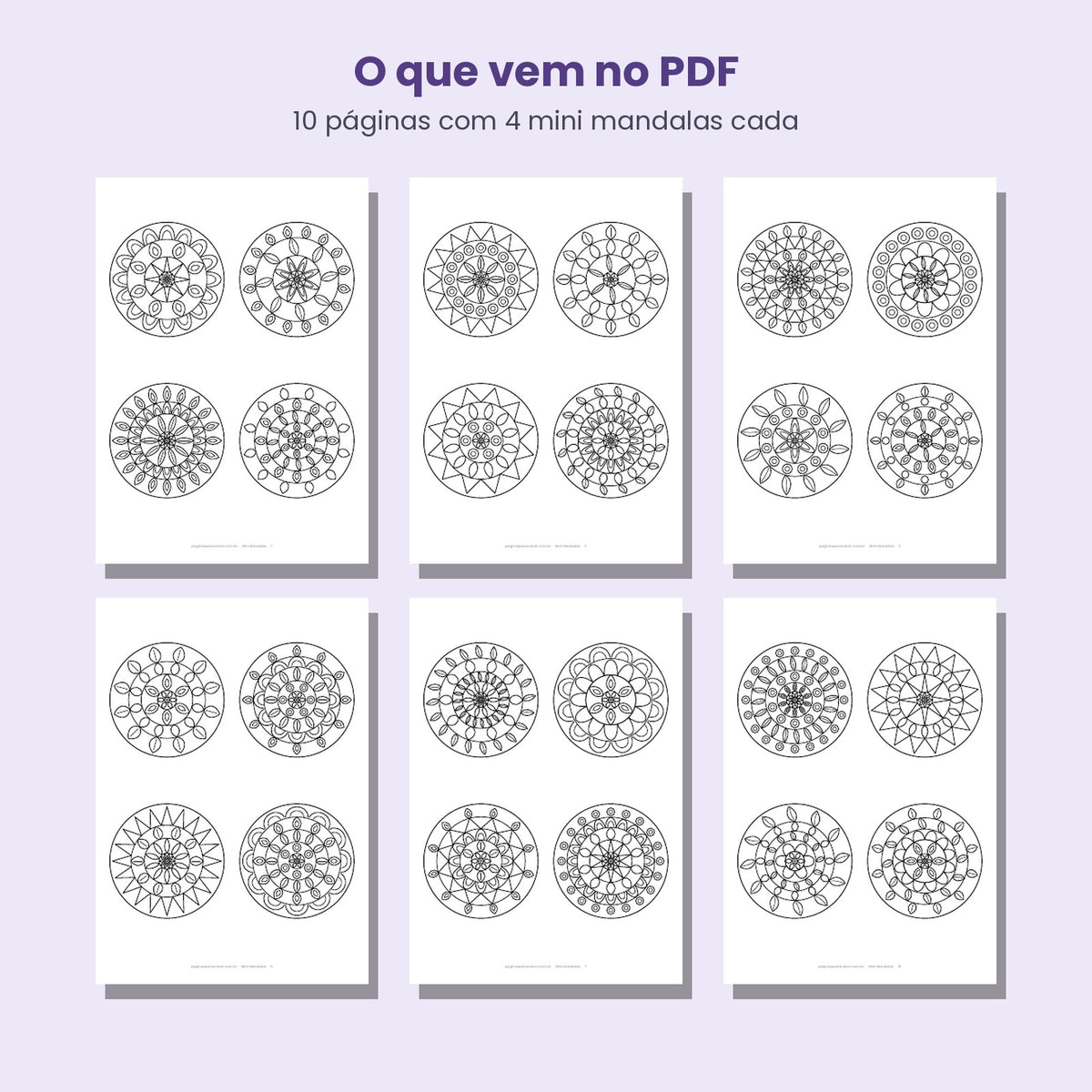 Conteúdo do PDF com 40 mini mandalas fáceis para colorir